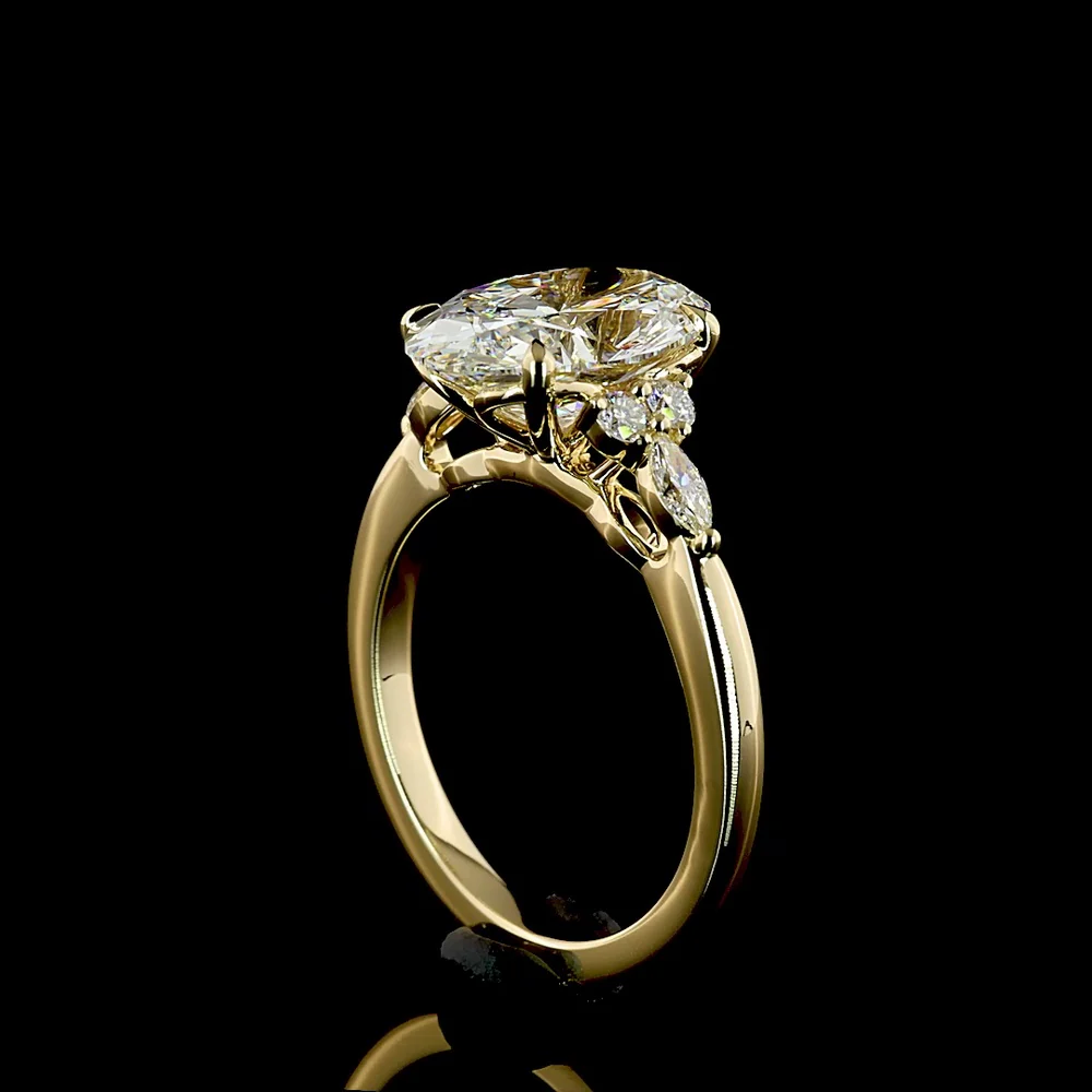 14K Yellow Gold 3.35 Carats Total Weight Oval Cut Lab Diamond Ring with E VVS2 Clarity and Marquise & Round Side Stones - IGI Certified - Covaloro Fine Jewelry - Image 3