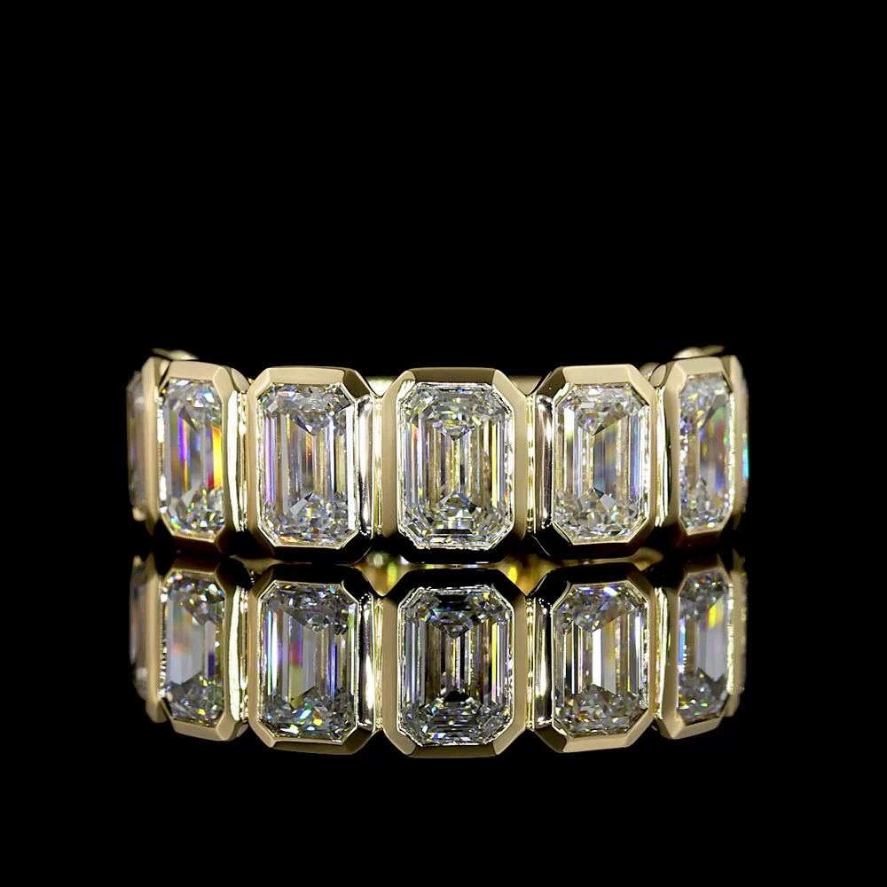 14K Yellow Gold 3/4 Eternity Band with Bezel Set Emerald Cut Lab Diamonds - 4.61 Carat Total Weight, E-F Color VS Clarity - Covaloro Fine Jewelry