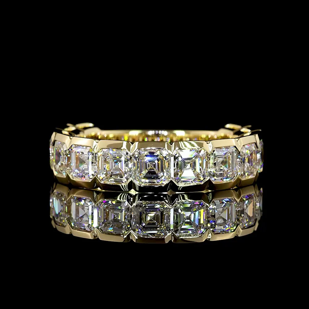 14K Yellow Gold 3/4 Eternity Band with Half Bezel Set Asscher Cut Lab Diamonds - 3.96 Carats Total Diamond Weight - Covaloro Fine Jewelry