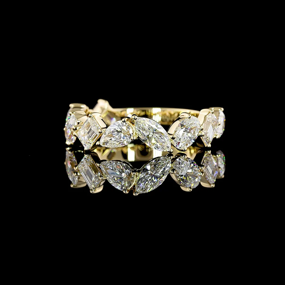 14K Yellow Gold 3/4 Eternity Band with Inclined Mixed Shape Lab Diamonds (Emerald, Oval, Pear) - 2.06 Carats Total Diamond Weight - Covaloro Fine Jewelry