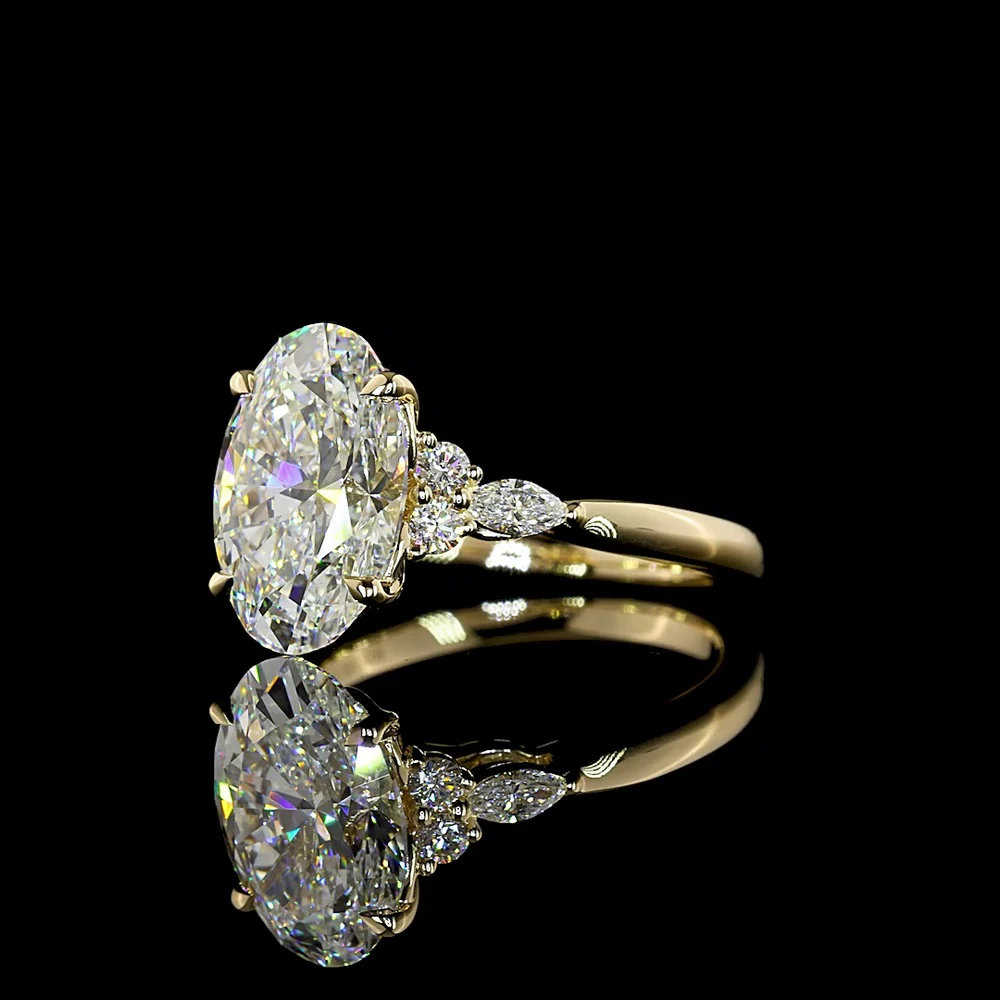 14K Yellow Gold 3.48 Carat Oval Cut Lab Diamond Statement Ring with Marquise and Round Accents - F VS1 Center - Covaloro Fine Jewelry - Image 3