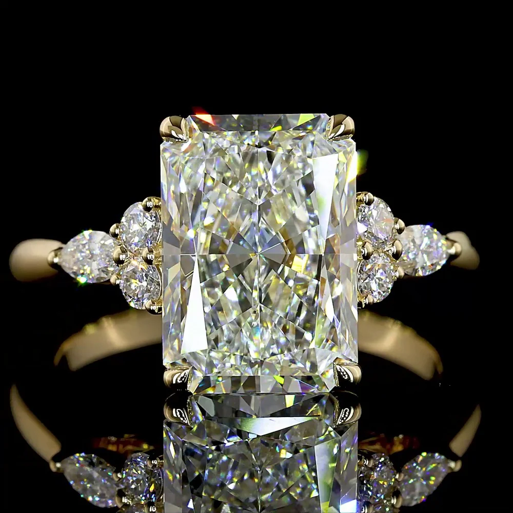 14K Yellow Gold 3.52 Carats Lab Diamond Ring with Radiant Cut Center, Round and Marquise Side Stones - E-F VS1 Quality - Covaloro Fine Jewelry - Image 2