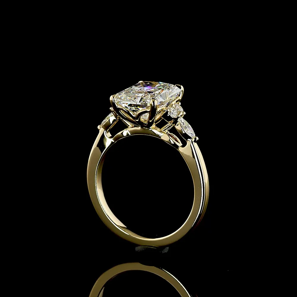 14K Yellow Gold 3.52 Carats Lab Diamond Ring with Radiant Cut Center, Round and Marquise Side Stones - E-F VS1 Quality - Covaloro Fine Jewelry - Image 3