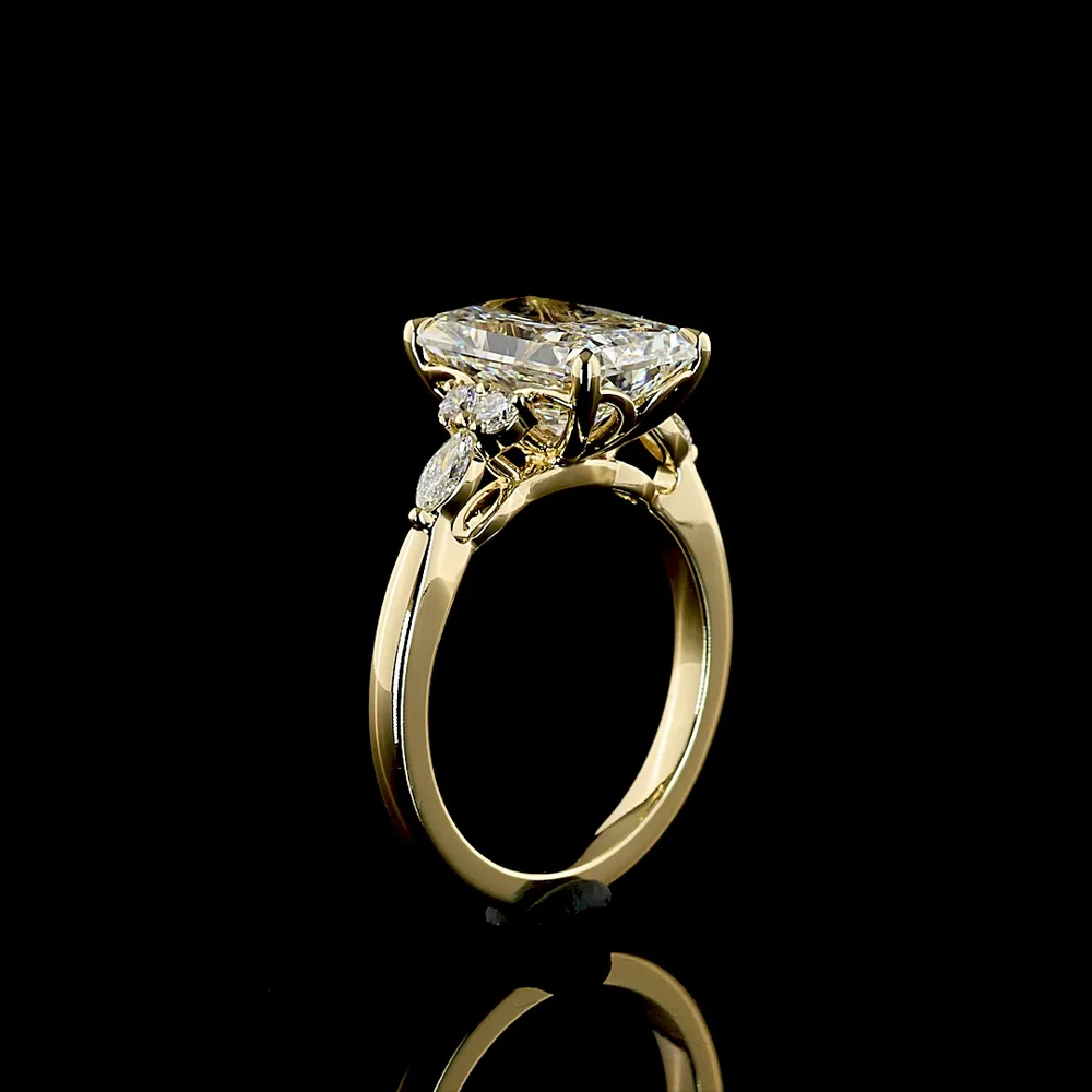 14K Yellow Gold 3.52 Carats Lab Diamond Ring with Radiant Cut Center, Round and Marquise Side Stones - E-F VS1 Quality - Covaloro Fine Jewelry - Image 4