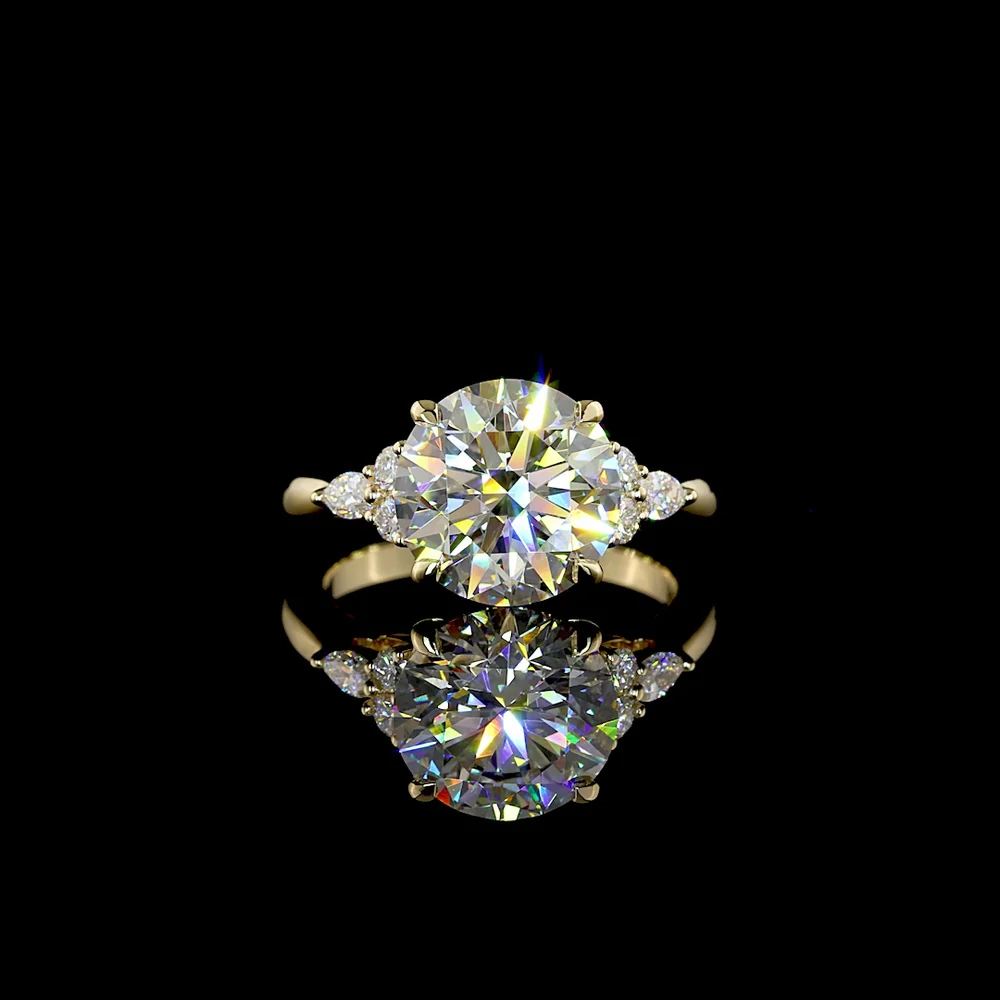 14K Yellow Gold 3.57 Carats Special Ring with 3.33 Carats Round Brilliant Lab Diamond and Marquise & Round Accent Diamonds - Covaloro Fine Jewelry