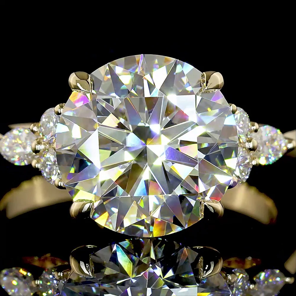 14K Yellow Gold 3.57 Carats Special Ring with 3.33 Carats Round Brilliant Lab Diamond and Marquise & Round Accent Diamonds - Covaloro Fine Jewelry - Image 2