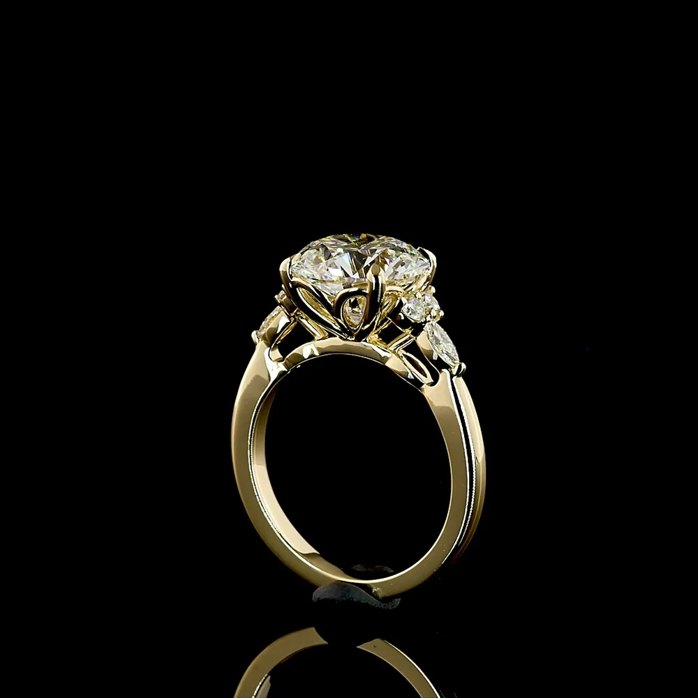 14K Yellow Gold 3.57 Carats Special Ring with 3.33 Carats Round Brilliant Lab Diamond and Marquise & Round Accent Diamonds - Covaloro Fine Jewelry - Image 3