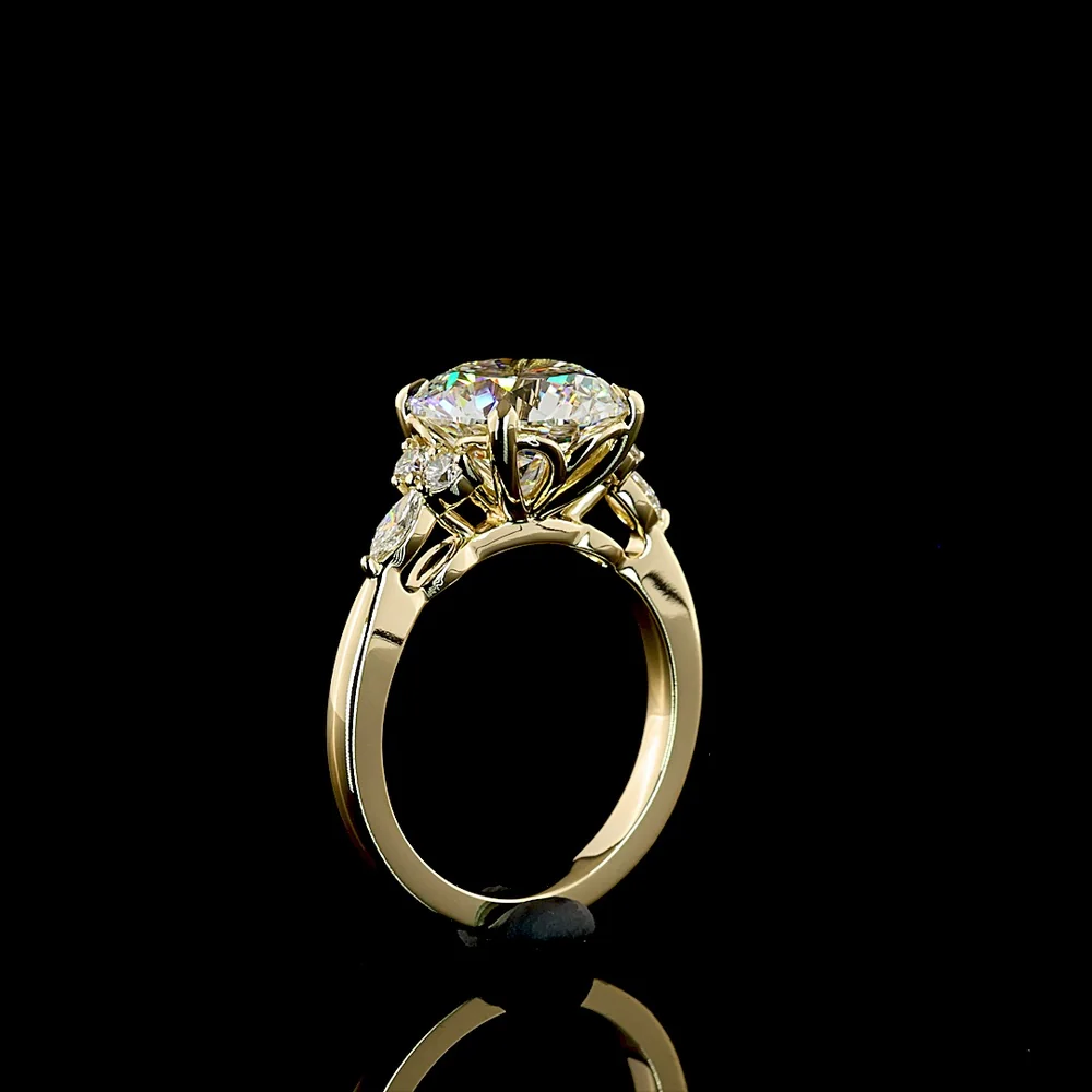 14K Yellow Gold 3.57 Carats Special Ring with 3.33 Carats Round Brilliant Lab Diamond and Marquise & Round Accent Diamonds - Covaloro Fine Jewelry - Image 4