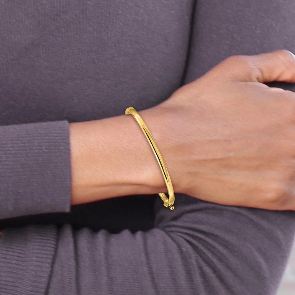 14K Yellow Gold 3.6mm Polished Solid Hinged Oval Bangle Bracelet by Oro Pregiato - Image 4
