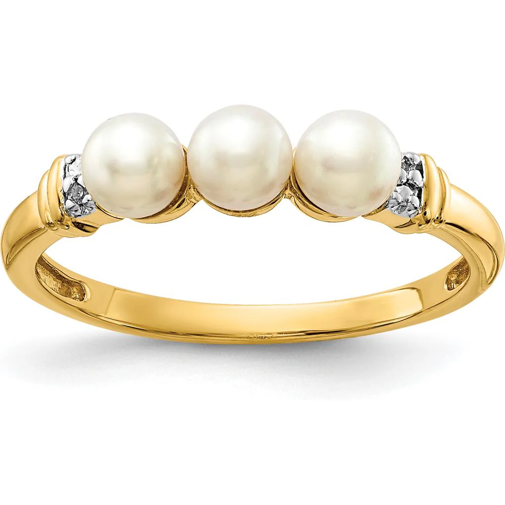 14K Yellow Gold 3-Pearl Ring with Round Diamonds - 0.006 Carat Total Diamond Weight - Size 7 by Monteluci Fine Jewelry