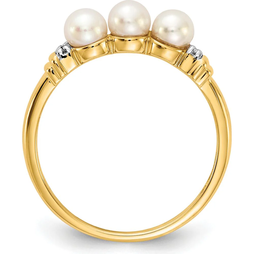 14K Yellow Gold 3-Pearl Ring with Round Diamonds - 0.006 Carat Total Diamond Weight - Size 7 by Monteluci Fine Jewelry - Image 2