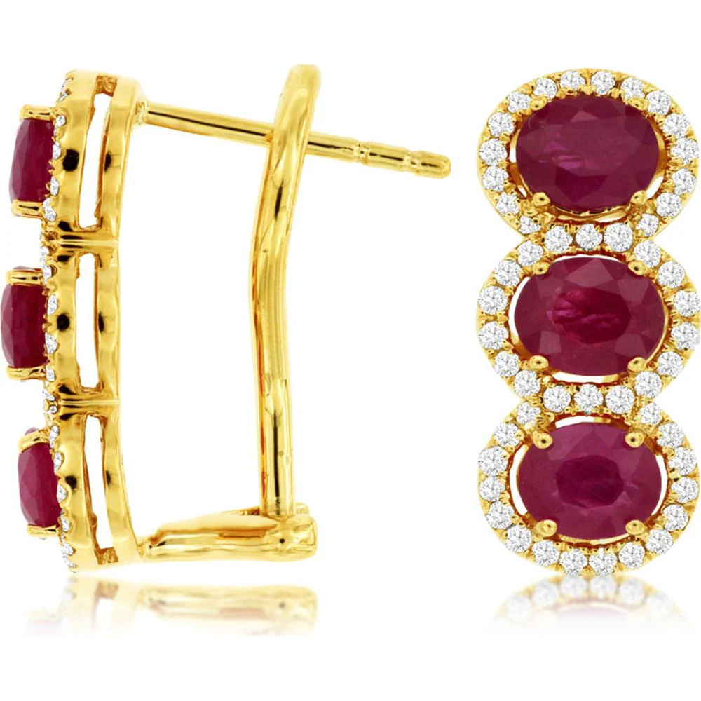 14K Yellow Gold 3-Stone Oval Ruby and Diamond Halo Earrings with Hinged Backs - 2.40 Carat Total Ruby Weight and 0.38 Carat Total Diamond Weight - Royal Jewelry