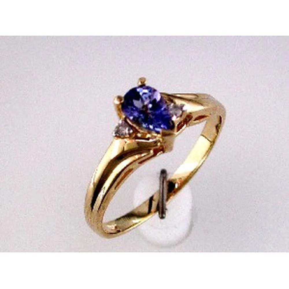 14K Yellow Gold 3-Stone Ring with 0.45 Carat Pear Shape Tanzanite and 0.03 Carat Total Weight Round Diamonds - Royal Jewelry