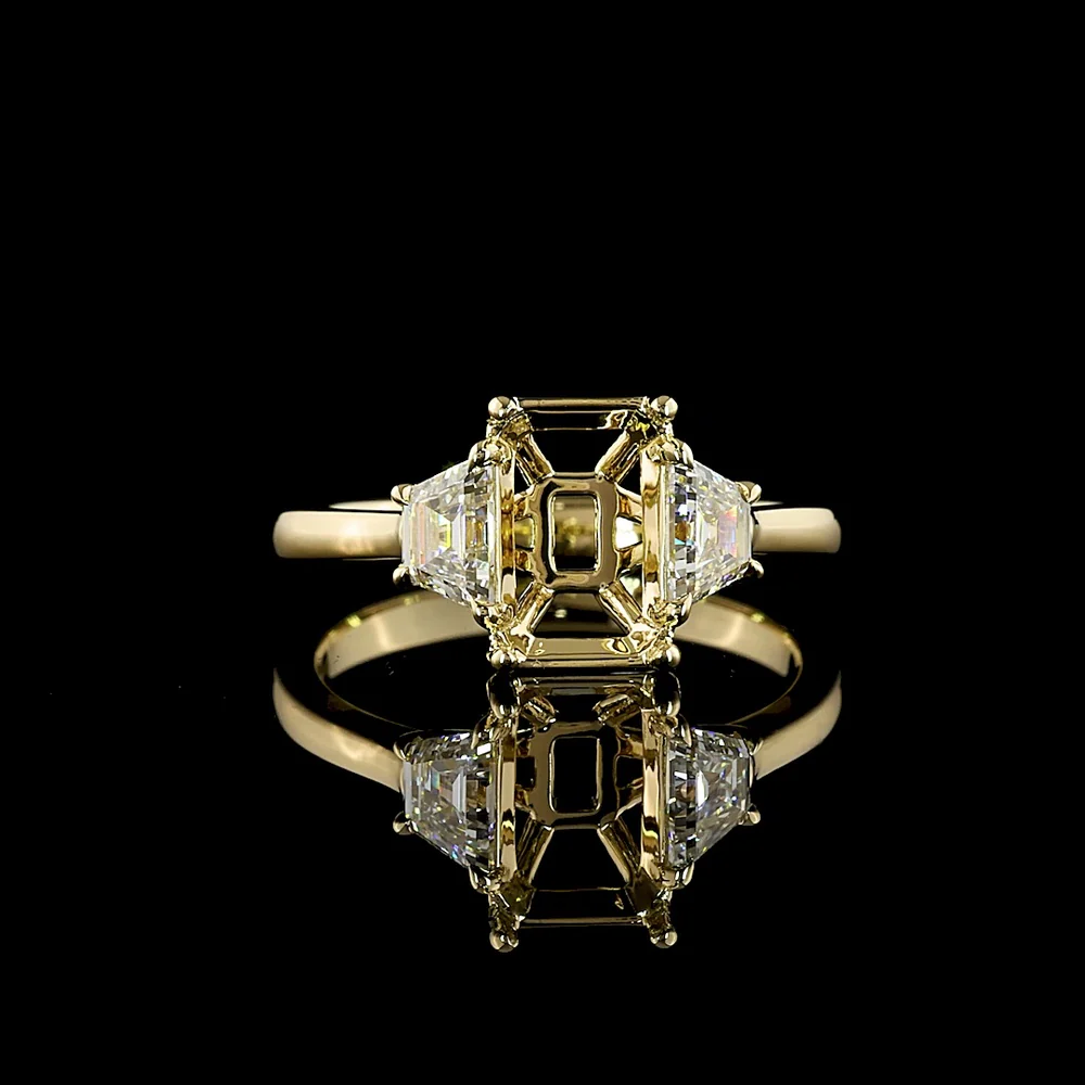 14K Yellow Gold 3-Stone Ring with 2.05 Carats Emerald Cut Lab Diamond and 0.64 Carats Trapezoid Side Stones - 2.69 Carats Total Diamond Weight - Covaloro Fine Jewelry