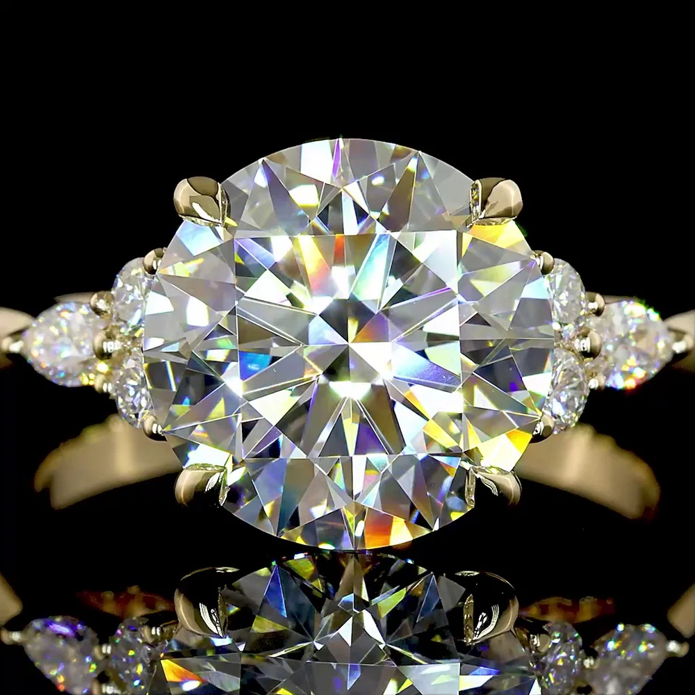 14K Yellow Gold 3-Stone Ring with 2.51 Carats Round Brilliant Cut Lab Diamond, Marquise and Round Side Diamonds - 2.76 Carats Total Diamond Weight - Covaloro Fine Jewelry - Image 2