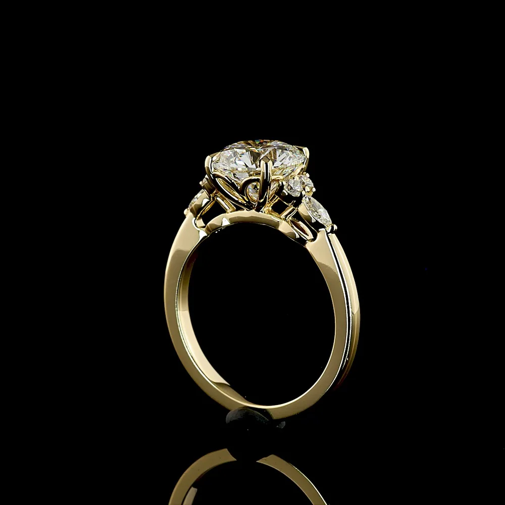 14K Yellow Gold 3-Stone Ring with 2.51 Carats Round Brilliant Cut Lab Diamond, Marquise and Round Side Diamonds - 2.76 Carats Total Diamond Weight - Covaloro Fine Jewelry - Image 3
