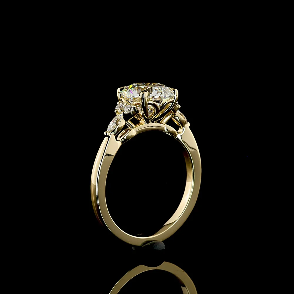 14K Yellow Gold 3-Stone Ring with 2.51 Carats Round Brilliant Cut Lab Diamond, Marquise and Round Side Diamonds - 2.76 Carats Total Diamond Weight - Covaloro Fine Jewelry - Image 4
