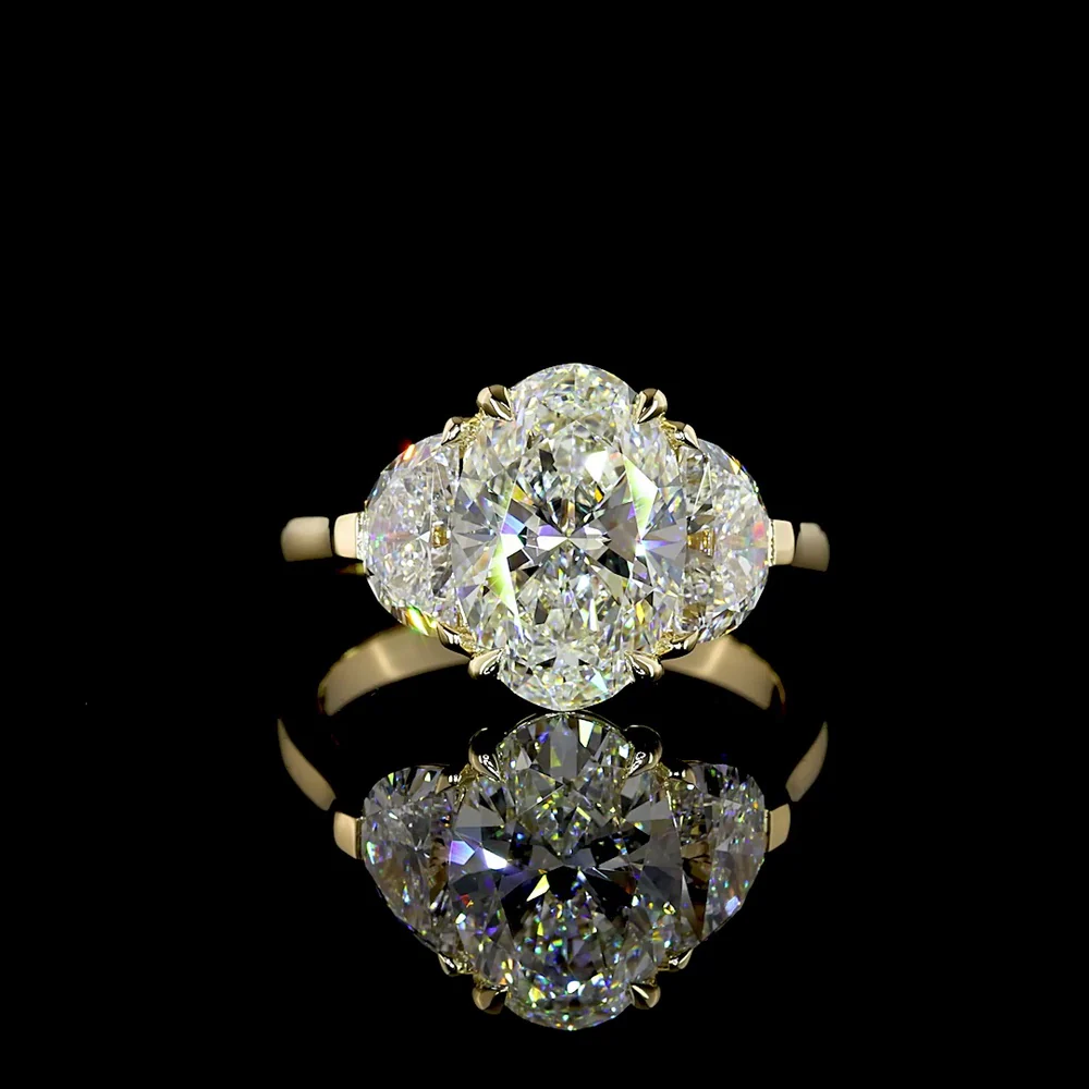 14K Yellow Gold 3 Stone Ring with 3.05 Carat Oval D VVS2 Lab Diamond & Half-Moon Side Stones - Total 4.45 Ct - Covaloro Fine Jewelry