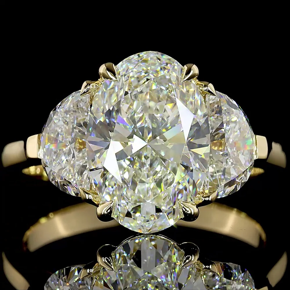 14K Yellow Gold 3 Stone Ring with 3.05 Carat Oval D VVS2 Lab Diamond & Half-Moon Side Stones - Total 4.45 Ct - Covaloro Fine Jewelry - Image 2