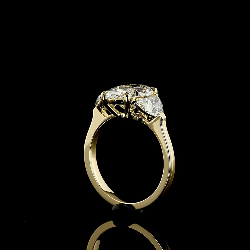 14K Yellow Gold 3 Stone Ring with 3.05 Carat Oval D VVS2 Lab Diamond & Half-Moon Side Stones - Total 4.45 Ct - Covaloro Fine Jewelry - Image 3