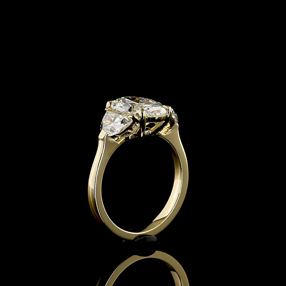 14K Yellow Gold 3 Stone Ring with 3.05 Carat Oval D VVS2 Lab Diamond & Half-Moon Side Stones - Total 4.45 Ct - Covaloro Fine Jewelry - Image 4