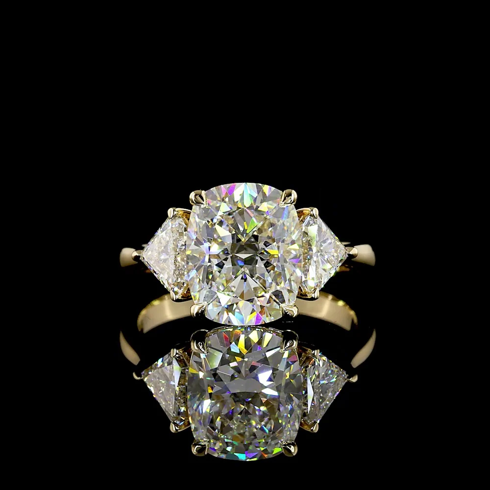 14K Yellow Gold 3-Stone Ring with 3.51 Carats Cushion Brilliant Cut Lab Diamond and 1.02 Carats Step Oval Side Stones - 4.53 Carats Total Diamond Weight - Covaloro Fine Jewelry