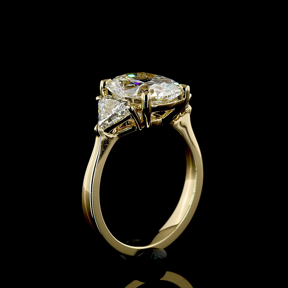 14K Yellow Gold 3-Stone Ring with 3.51 Carats Cushion Brilliant Cut Lab Diamond and 1.02 Carats Step Oval Side Stones - 4.53 Carats Total Diamond Weight - Covaloro Fine Jewelry - Image 4
