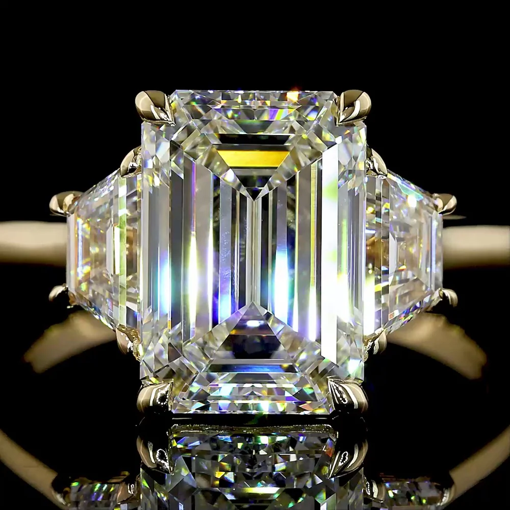 14K Yellow Gold 3-Stone Ring with 4.11 Carat Emerald Cut Lab Diamond and Trapezoid Side Stones - 5.25 Total Carat Weight - Covaloro Fine Jewelry - Image 2