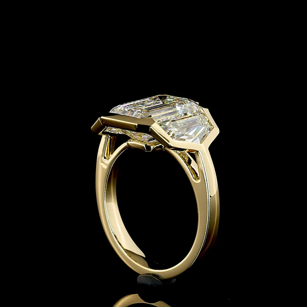 14K Yellow Gold 3 Stone Ring with 5.10 Carat Emerald Cut Lab Diamond & Cadillac Cut Side Stones - 7.35 Carat Total Weight - Covaloro Fine Jewelry - Image 3