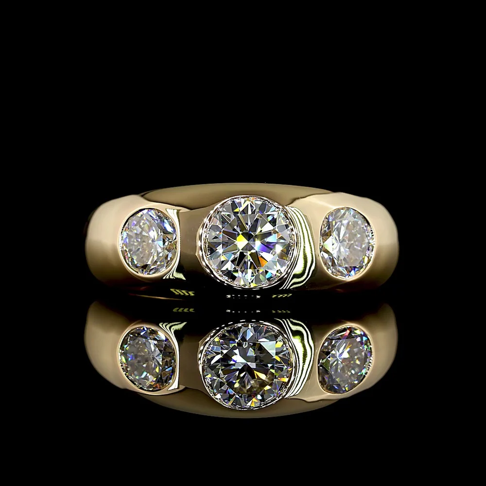 14K Yellow Gold 3-Stone Ring with Flush Set Round Lab Diamonds - 1.02 Carat Center, 2.07 Carats Total Diamond Weight - Covaloro Fine Jewelry - Image 2