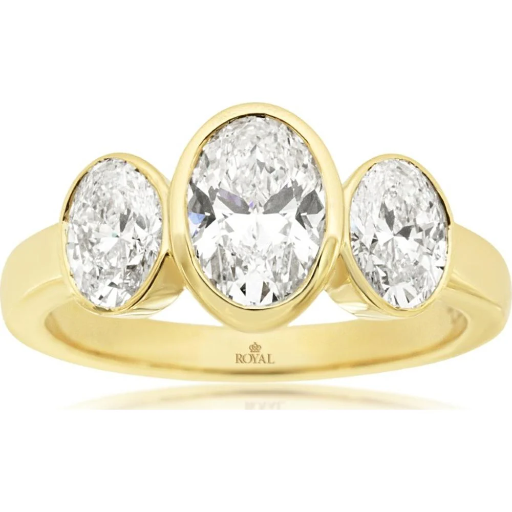 14K Yellow Gold 3 Stone Ring with Oval Lab Grown Diamonds - 2.00 Carat Total Diamond Weight - Royal Jewelry