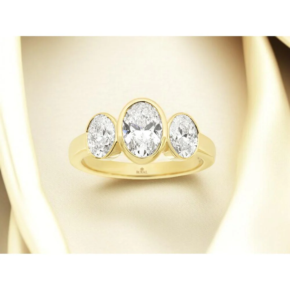 14K Yellow Gold 3 Stone Ring with Oval Lab Grown Diamonds - 2.00 Carat Total Diamond Weight - Royal Jewelry - Image 2
