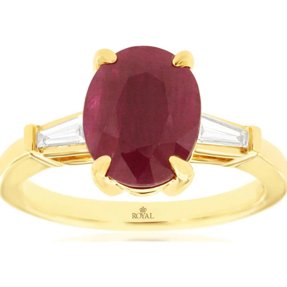 14K Yellow Gold 3-Stone Ring with Oval Ruby (3.10ct) and Tapered Baguette Diamonds (0.16 Carat Total) - Royal Jewelry