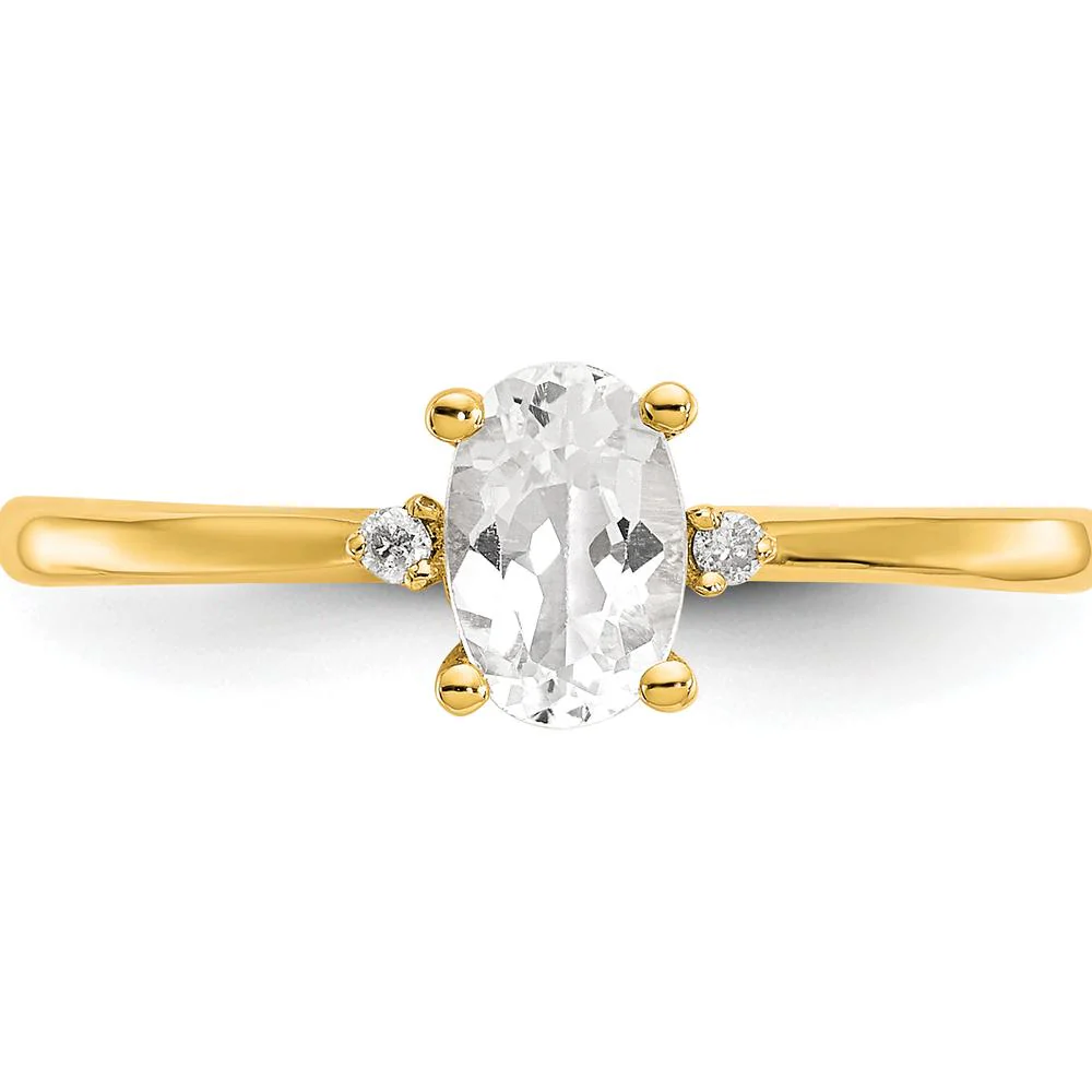 14K Yellow Gold 3-Stone Ring with Oval White Topaz & Round Diamonds - 0.55 Carat Total Gem Weight - Size 6 by Oro Pregiato - Image 5