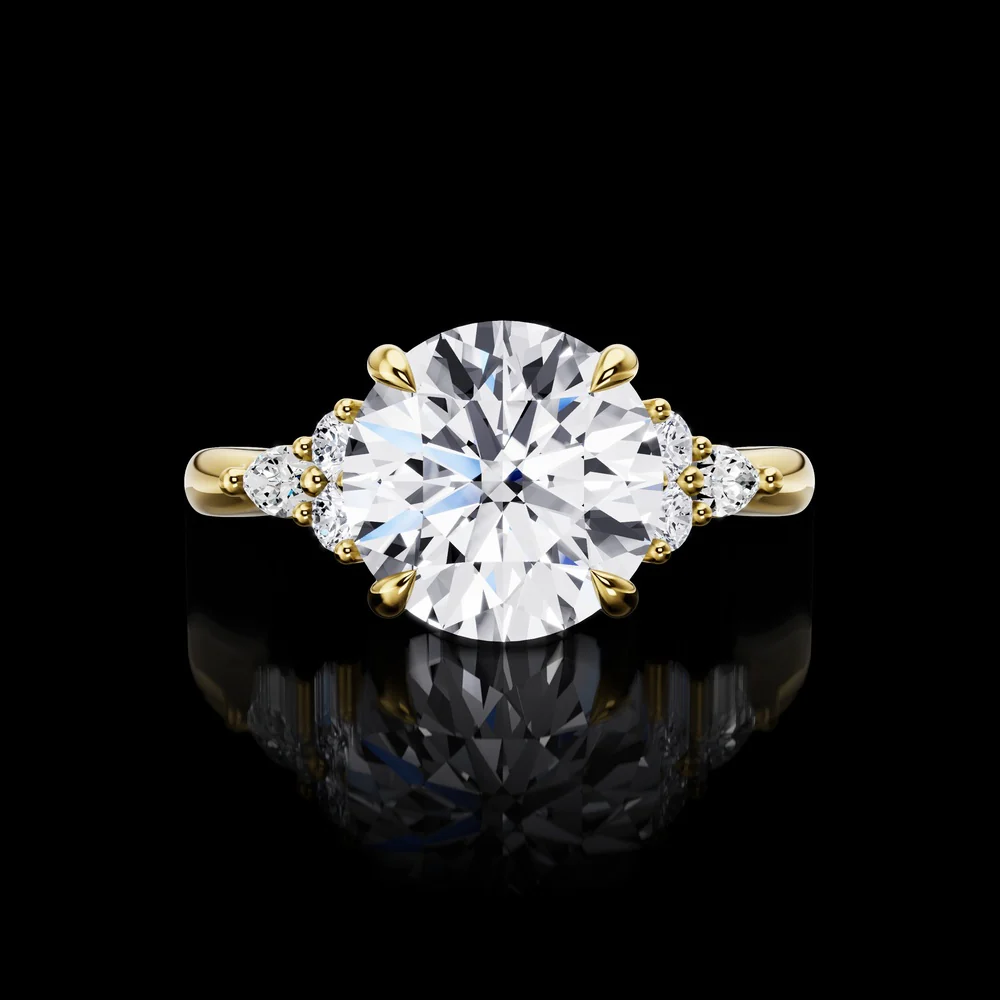 14K Yellow Gold 3-Stone Special Ring with 2.81 Carats Round Brilliant Lab Diamond and Marquise Accents - 3.06 Carats Total Diamond Weight - Covaloro Fine Jewelry
