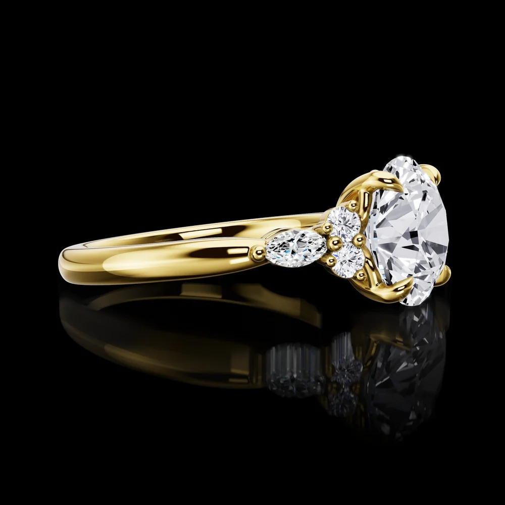 14K Yellow Gold 3-Stone Special Ring with 2.81 Carats Round Brilliant Lab Diamond and Marquise Accents - 3.06 Carats Total Diamond Weight - Covaloro Fine Jewelry - Image 2