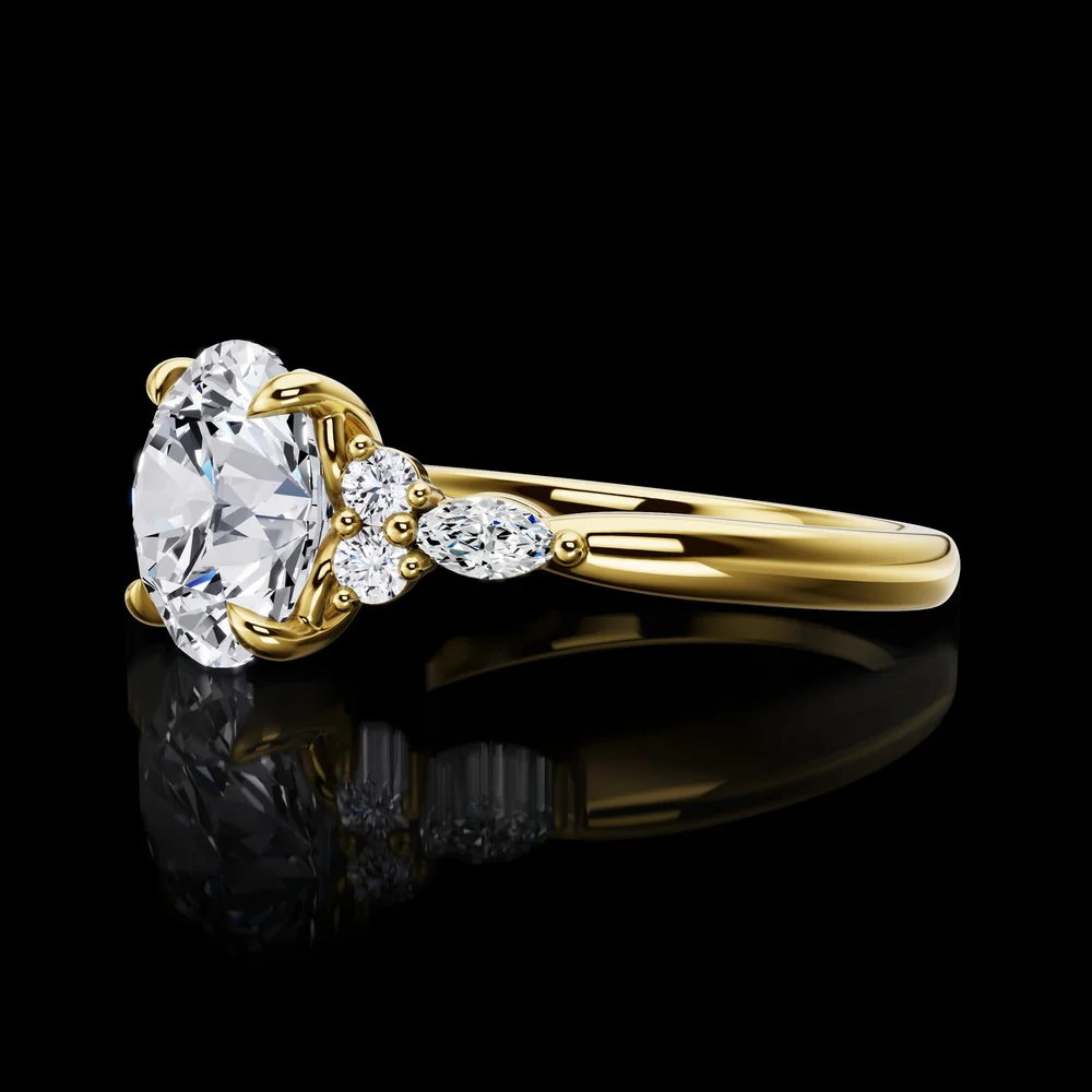 14K Yellow Gold 3-Stone Special Ring with 2.81 Carats Round Brilliant Lab Diamond and Marquise Accents - 3.06 Carats Total Diamond Weight - Covaloro Fine Jewelry - Image 3