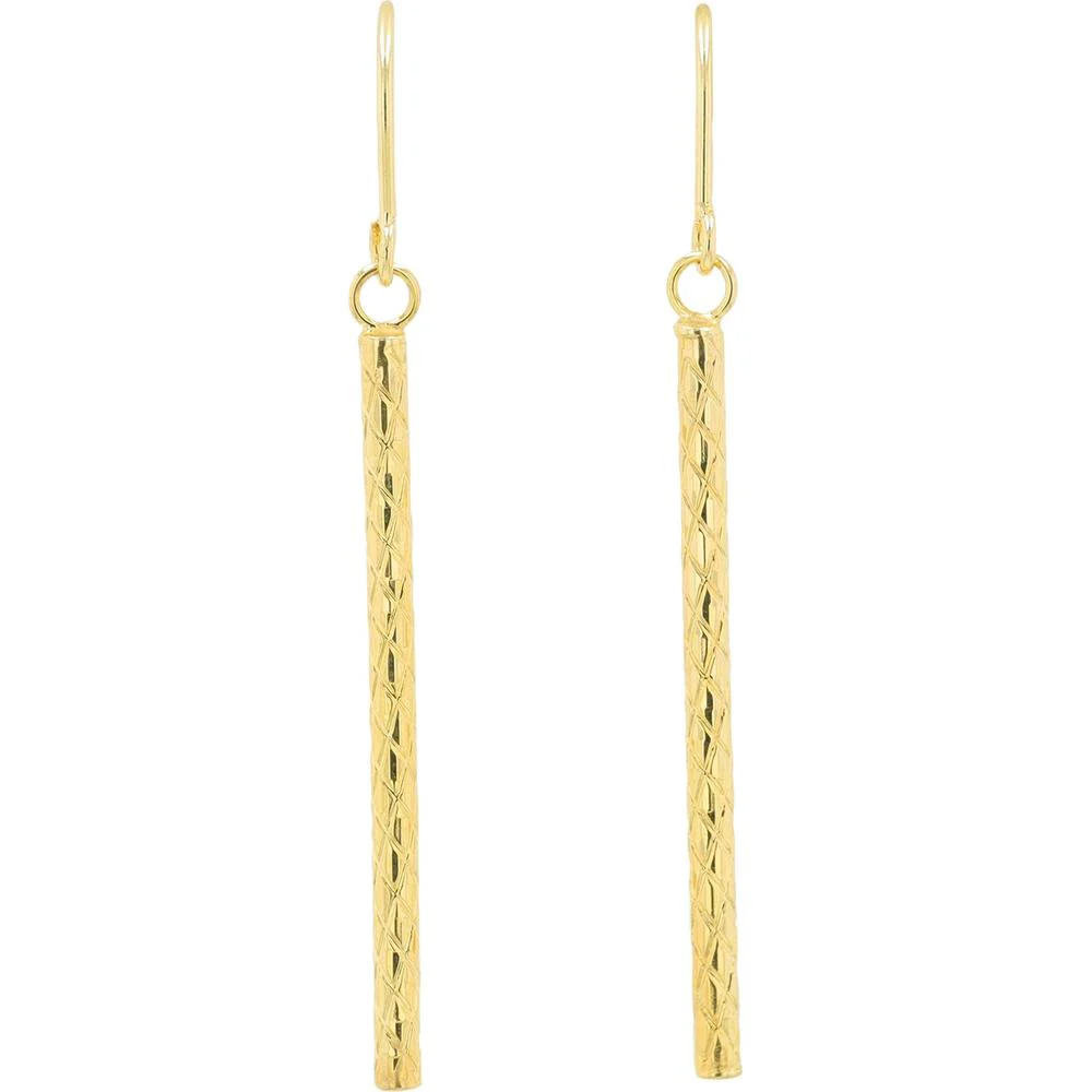 14K Yellow Gold 30mm Bar Drop Earrings with Diamond - Cut Texture