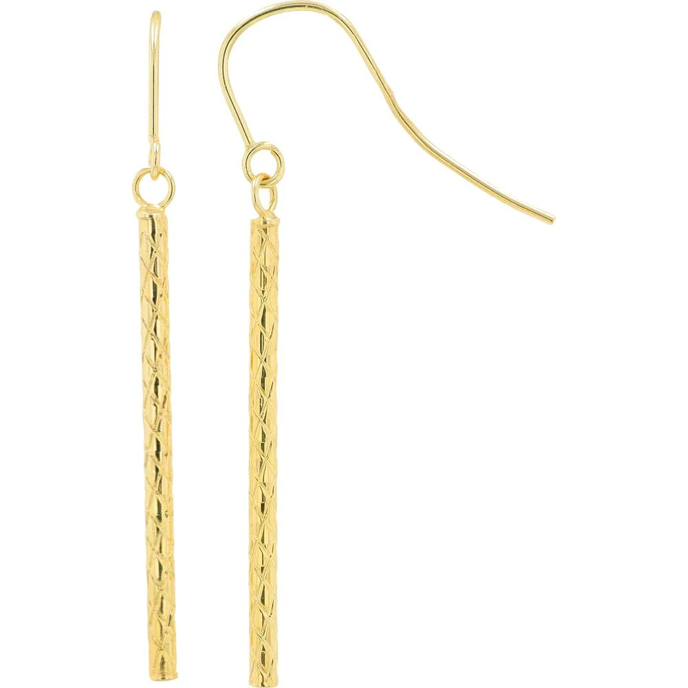 14K Yellow Gold 30mm Bar Drop Earrings with Diamond - Cut Texture - Image 2
