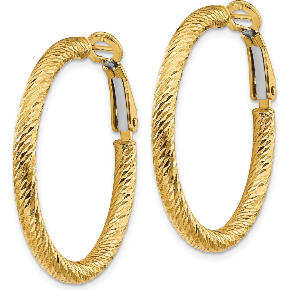 14K Yellow Gold 32mm Diamond-Cut Round Omega Back Hoop Earrings by Oro Pregiato - Image 2