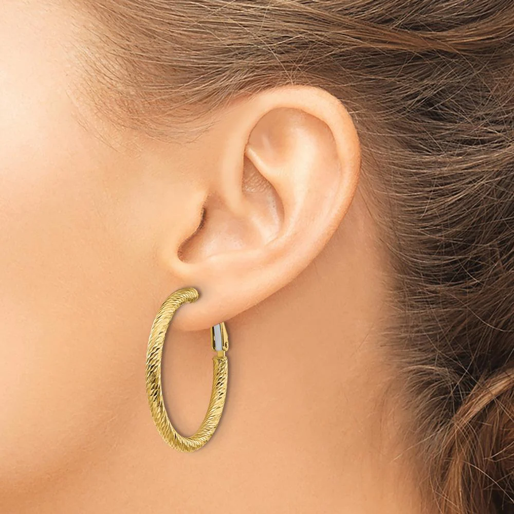 14K Yellow Gold 32mm Diamond-Cut Round Omega Back Hoop Earrings by Oro Pregiato - Image 3