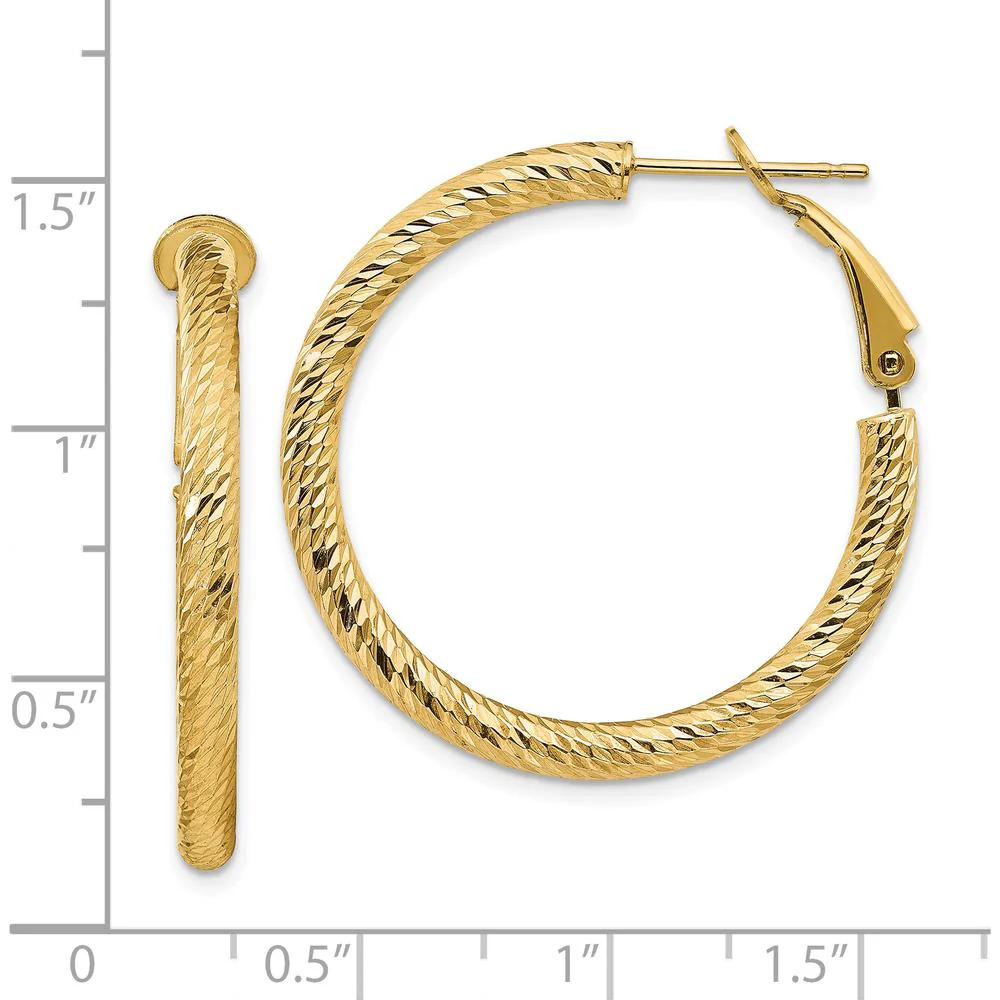 14K Yellow Gold 32mm Diamond-Cut Round Omega Back Hoop Earrings by Oro Pregiato - Image 4