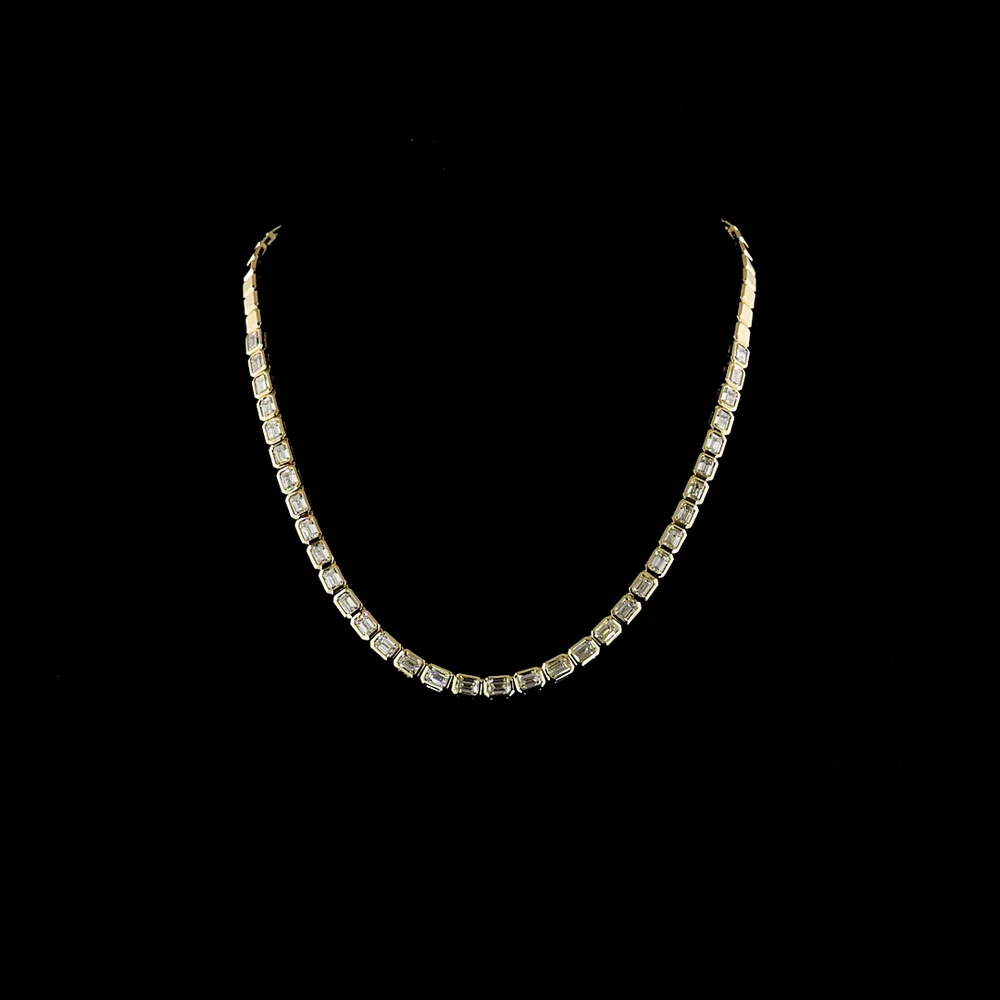 14K Yellow Gold 34-Stone East-West Emerald Cut Lab Diamond Tennis Necklace - 9.85 Carat Total Diamond Weight - Covaloro Fine Jewelry
