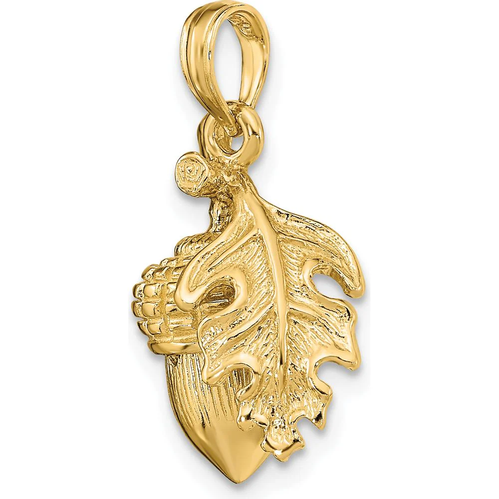 14K Yellow Gold 3D Acorn with Leaf Pendant - Nature-Inspired Charm with Polished Finish by Oro Pregiato - Image 4
