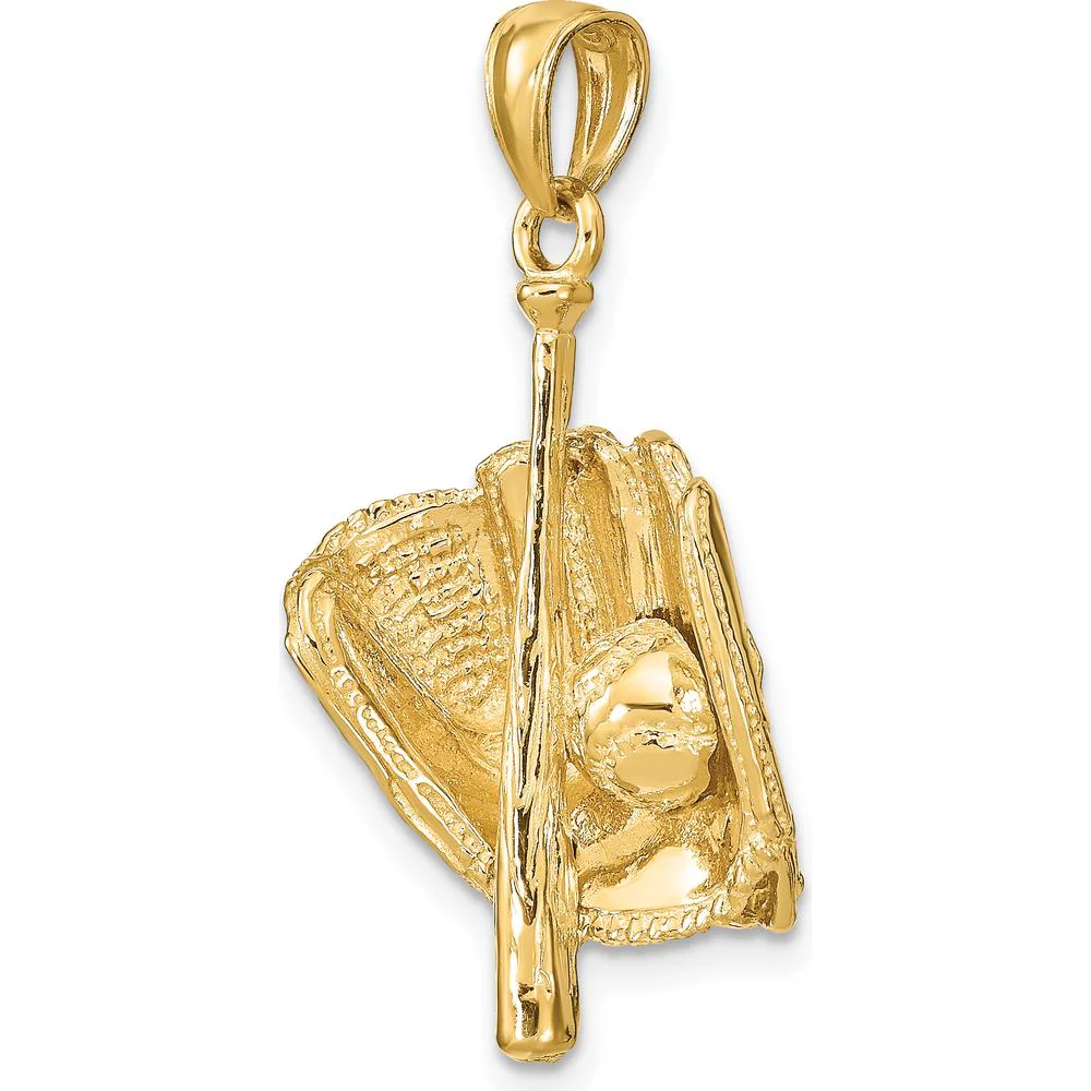 14K Yellow Gold 3D Glove/Bat/Baseball Pendant - Polished Finish by Oro Pregiato - Image 4