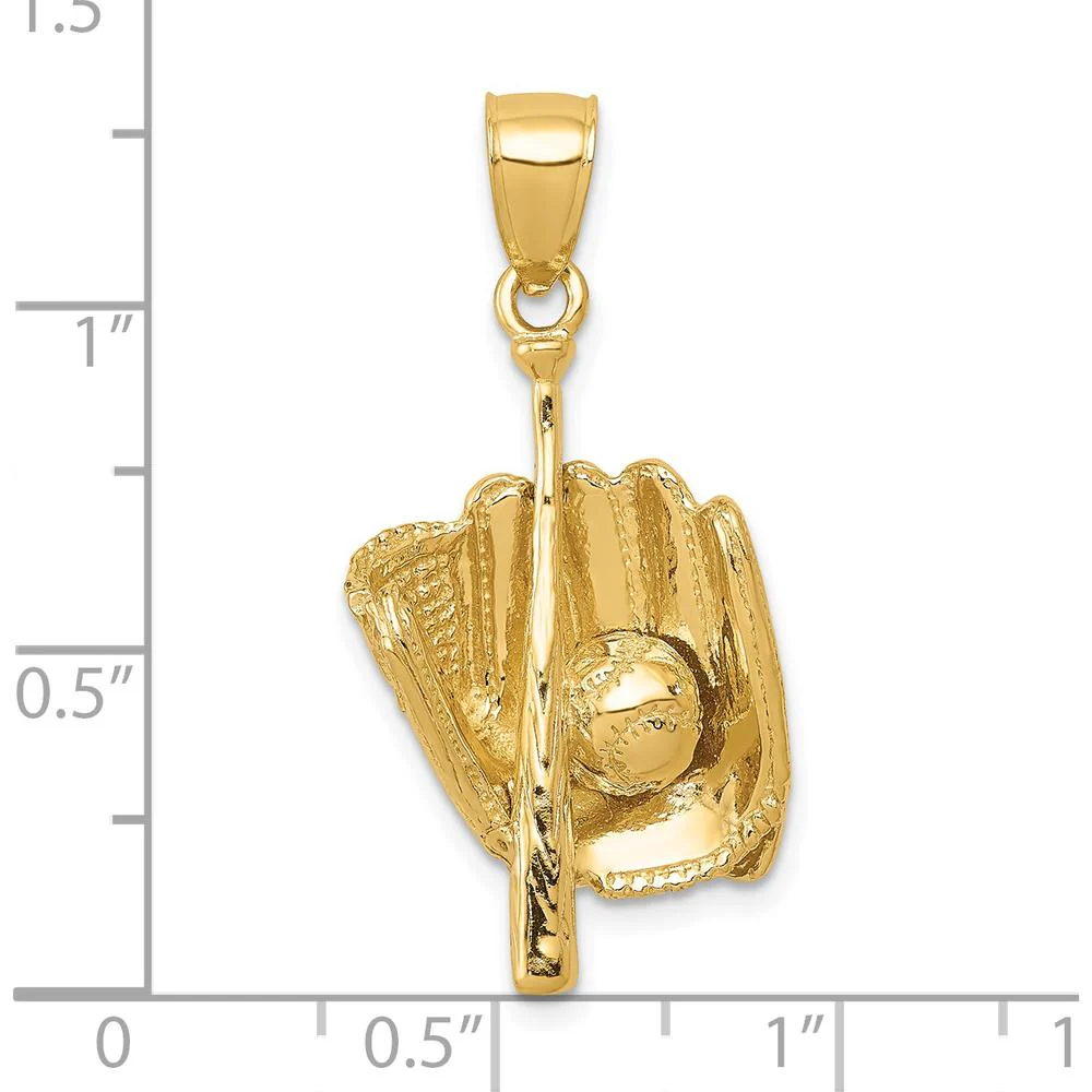 14K Yellow Gold 3D Glove/Bat/Baseball Pendant - Polished Finish by Oro Pregiato - Image 5