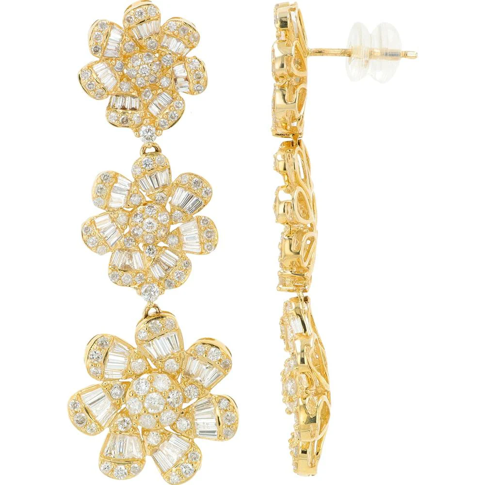 14K Yellow Gold 4.10 Carat Diamond Graduating Flower Drop Earrings - Round and Baguette Diamond Accents - Image 2