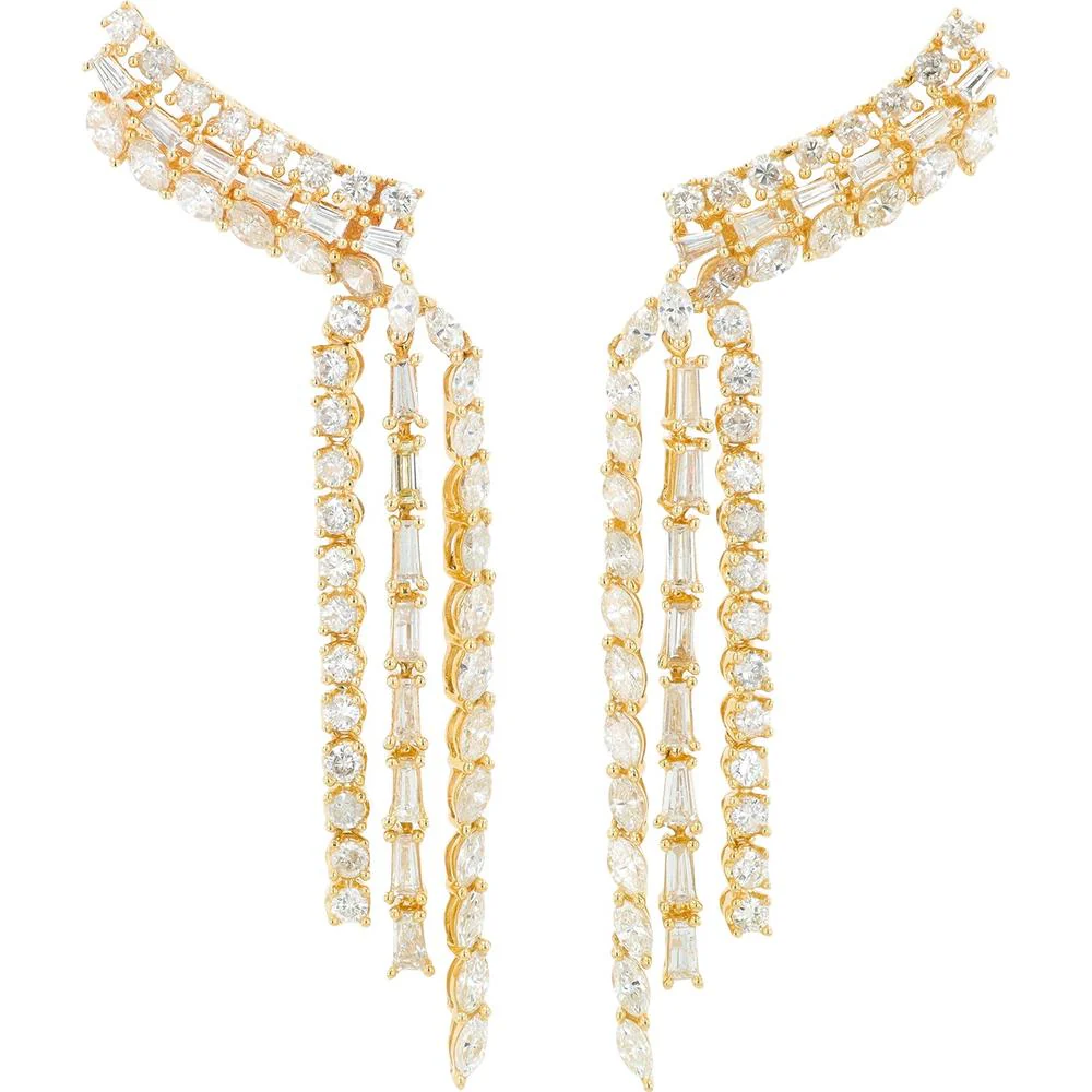 14K Yellow Gold 4.50 Carat Diamond Drop Earrings with Round and Baguette Diamonds - 4.50 Carat Total Diamond Weight