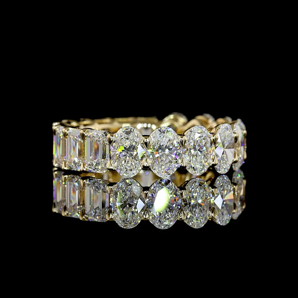 14K Yellow Gold 5.63 Carat Eternity Band with Alternating Oval and Emerald Cut Lab Grown Diamonds in Prong Setting - E-F Color, VS1 Clarity - Covaloro Fine Jewelry
