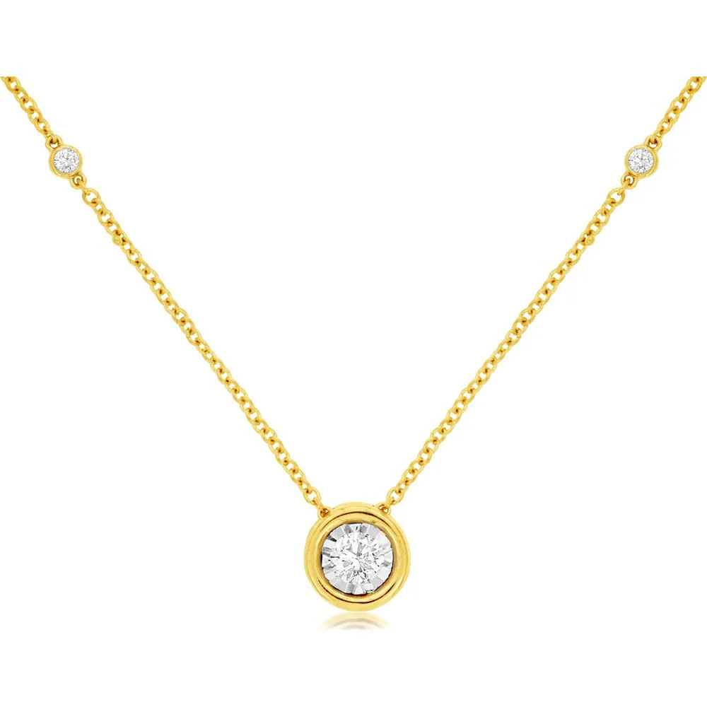 14K Yellow Gold 5 Station Necklace with Bezel Set Round Diamonds - 0.25 Carat Total Diamond Weight - Royal Jewelry